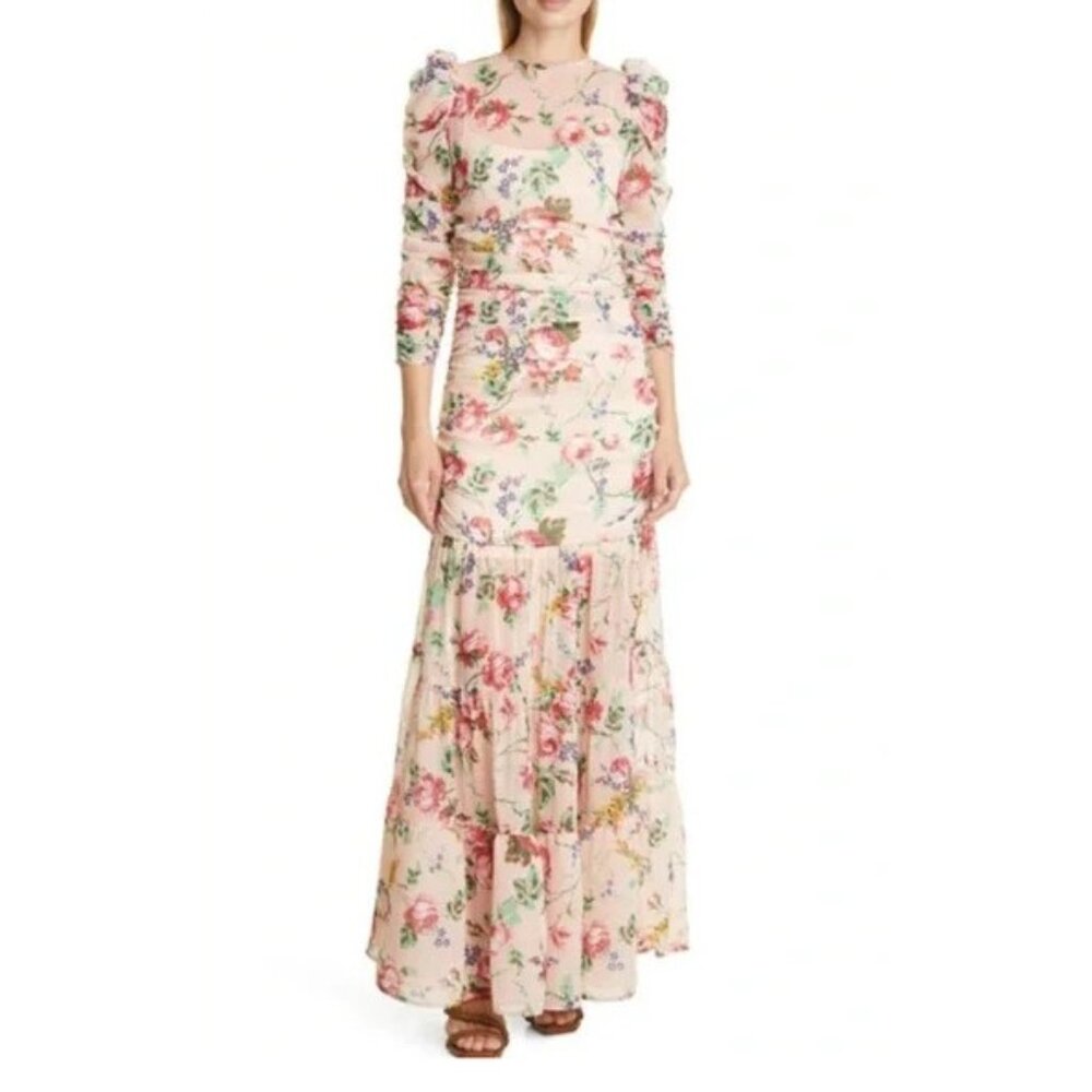 NWT $486 STUNNING byTIMO RUCHED CHIFFON MAXI DRESS IN FLORA PINK US SIZE 6